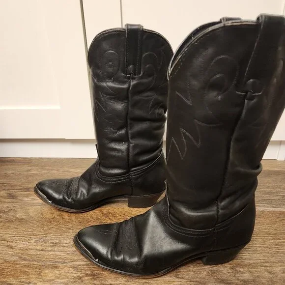 Vintage Durango Black Leather Slouch Cowboy Boots Metal Toe 7M Western Grunge - Picture 6 of 9